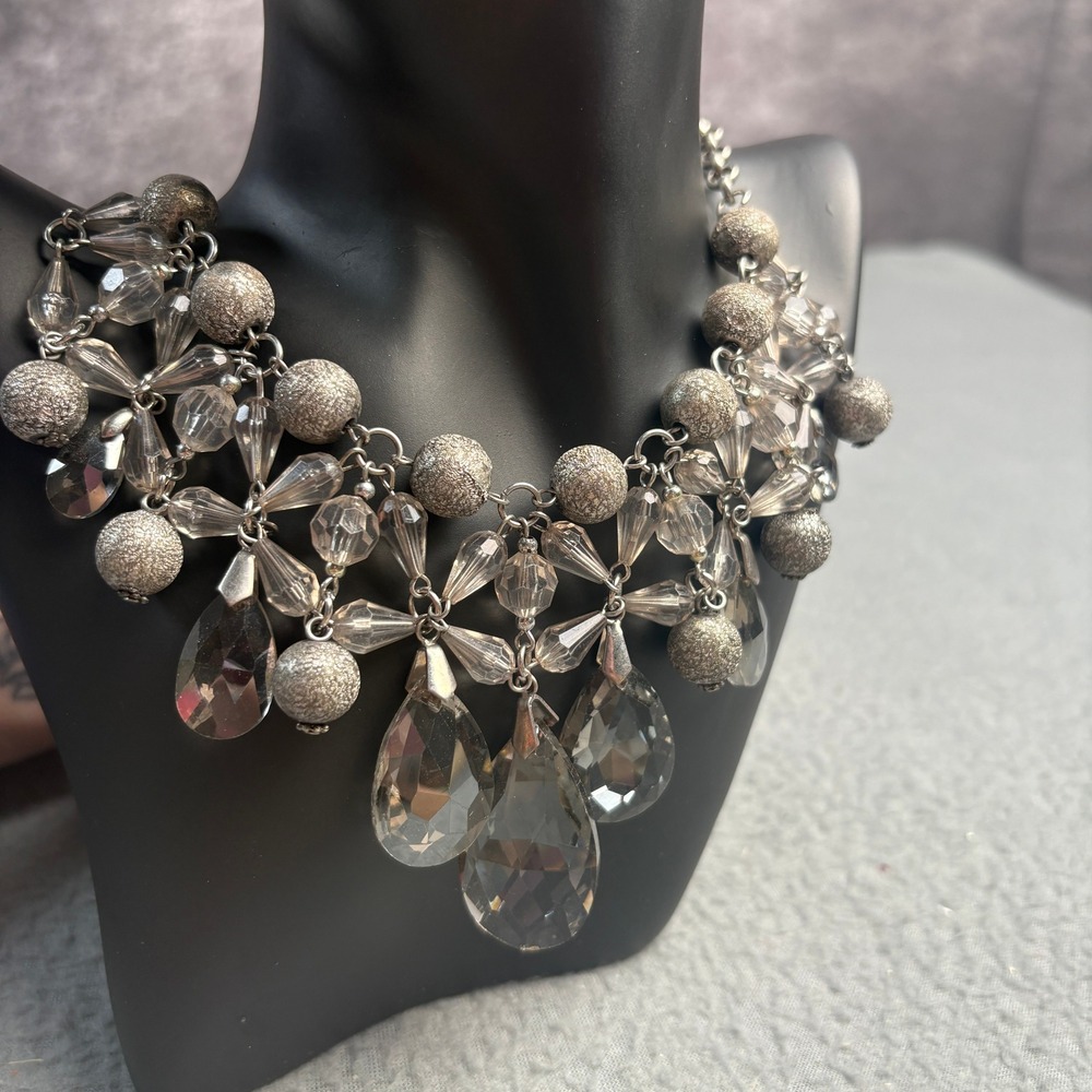 Silver Tone Smoky Crystal Teardrop Statement Bib Necklace Textured Bead Chunky